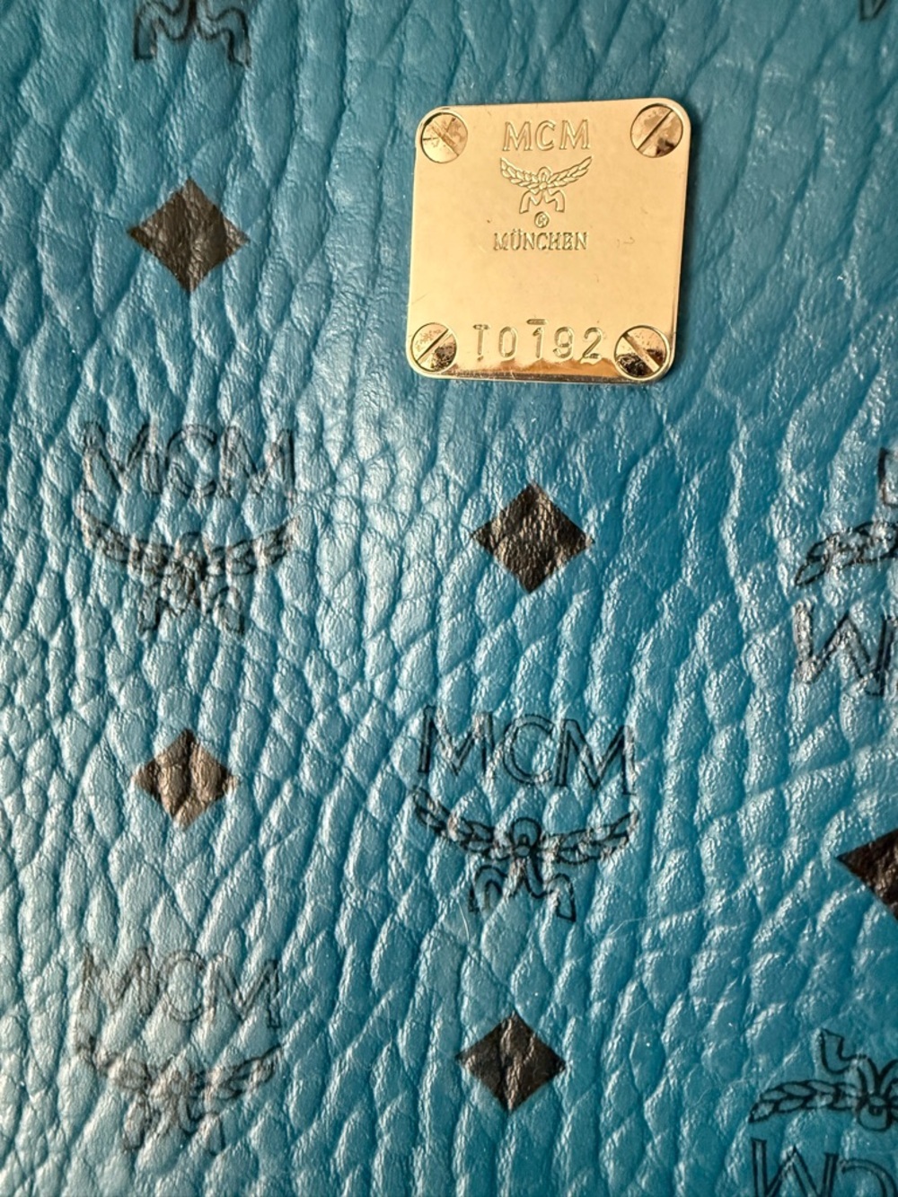 MCM Teal Blue Logo-Print Leather Tote - Picture 2 of 5